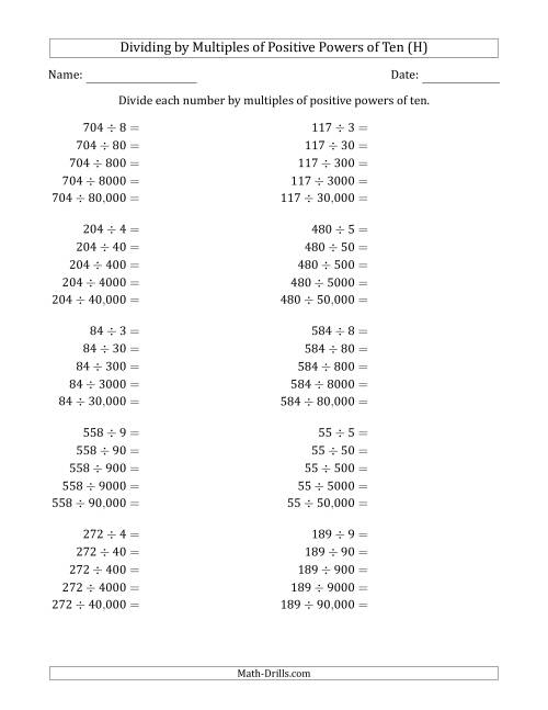 The Learning to Divide Numbers (Quotients Range 10 to 99) by Multiples of Positive Powers of Ten in Standard Form (H) Math Worksheet
