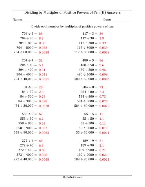 The Learning to Divide Numbers (Quotients Range 10 to 99) by Multiples of Positive Powers of Ten in Standard Form (H) Math Worksheet Page 2