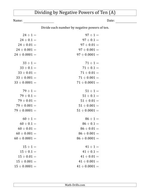 The Learning to Divide Numbers (Range 10 to 99) by Negative Powers of Ten in Standard Form (A) Math Worksheet