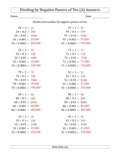 The Learning to Divide Numbers (Range 10 to 99) by Negative Powers of Ten in Standard Form (A) Math Worksheet Page 2