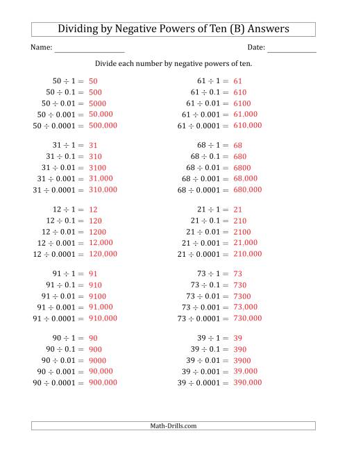 The Learning to Divide Numbers (Range 10 to 99) by Negative Powers of Ten in Standard Form (B) Math Worksheet Page 2