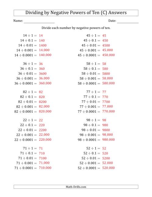 The Learning to Divide Numbers (Range 10 to 99) by Negative Powers of Ten in Standard Form (C) Math Worksheet Page 2