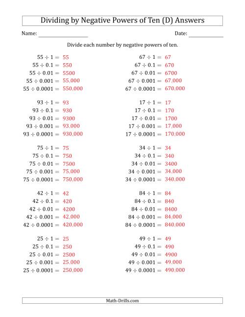 The Learning to Divide Numbers (Range 10 to 99) by Negative Powers of Ten in Standard Form (D) Math Worksheet Page 2