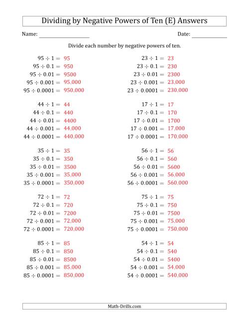 The Learning to Divide Numbers (Range 10 to 99) by Negative Powers of Ten in Standard Form (E) Math Worksheet Page 2