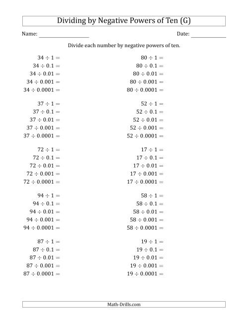 The Learning to Divide Numbers (Range 10 to 99) by Negative Powers of Ten in Standard Form (G) Math Worksheet