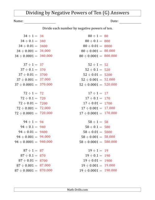 The Learning to Divide Numbers (Range 10 to 99) by Negative Powers of Ten in Standard Form (G) Math Worksheet Page 2