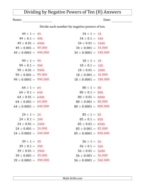 The Learning to Divide Numbers (Range 10 to 99) by Negative Powers of Ten in Standard Form (H) Math Worksheet Page 2