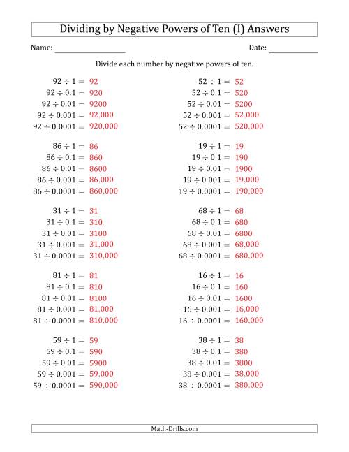 The Learning to Divide Numbers (Range 10 to 99) by Negative Powers of Ten in Standard Form (I) Math Worksheet Page 2