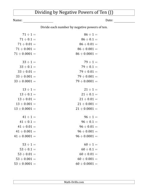 The Learning to Divide Numbers (Range 10 to 99) by Negative Powers of Ten in Standard Form (J) Math Worksheet