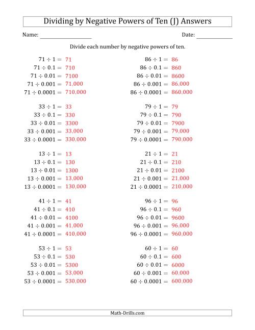 The Learning to Divide Numbers (Range 10 to 99) by Negative Powers of Ten in Standard Form (J) Math Worksheet Page 2