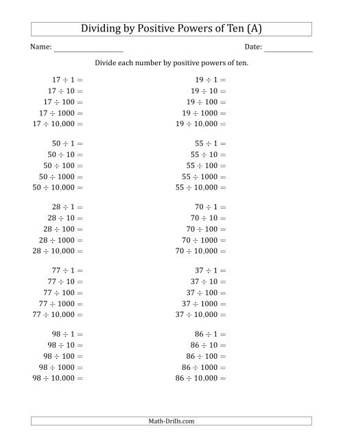 The Learning to Divide Numbers (Range 10 to 99) by Positive Powers of Ten in Standard Form (A) Math Worksheet