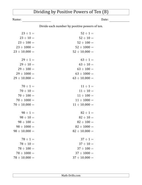 The Learning to Divide Numbers (Range 10 to 99) by Positive Powers of Ten in Standard Form (B) Math Worksheet