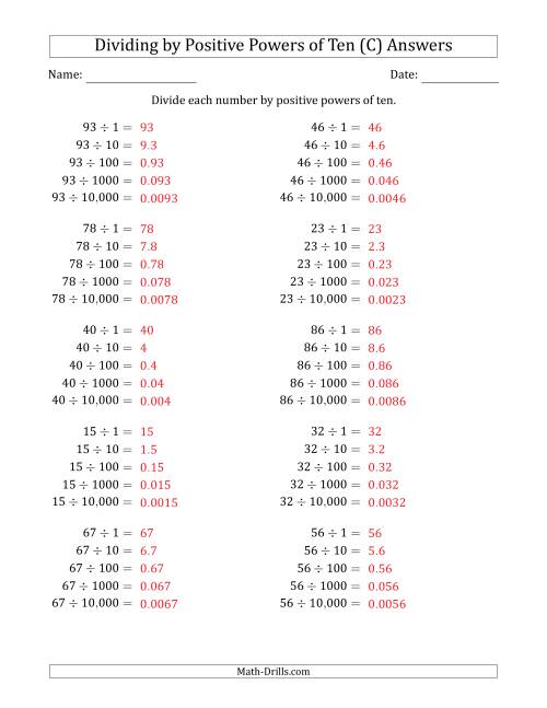 The Learning to Divide Numbers (Range 10 to 99) by Positive Powers of Ten in Standard Form (C) Math Worksheet Page 2