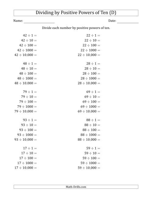 The Learning to Divide Numbers (Range 10 to 99) by Positive Powers of Ten in Standard Form (D) Math Worksheet
