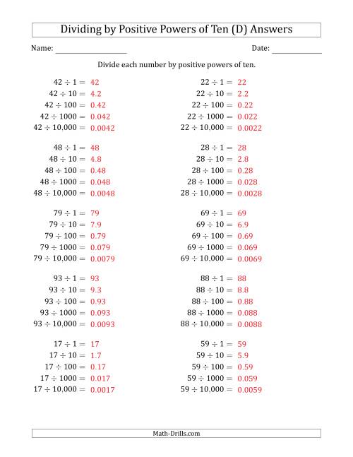 The Learning to Divide Numbers (Range 10 to 99) by Positive Powers of Ten in Standard Form (D) Math Worksheet Page 2