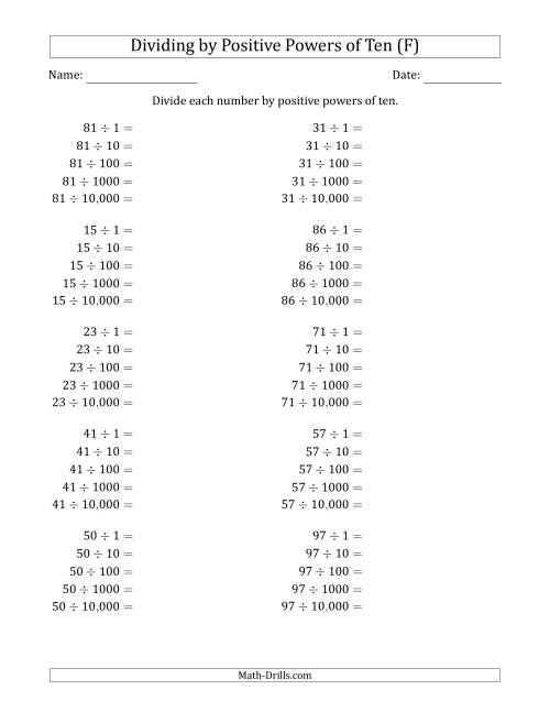 The Learning to Divide Numbers (Range 10 to 99) by Positive Powers of Ten in Standard Form (F) Math Worksheet