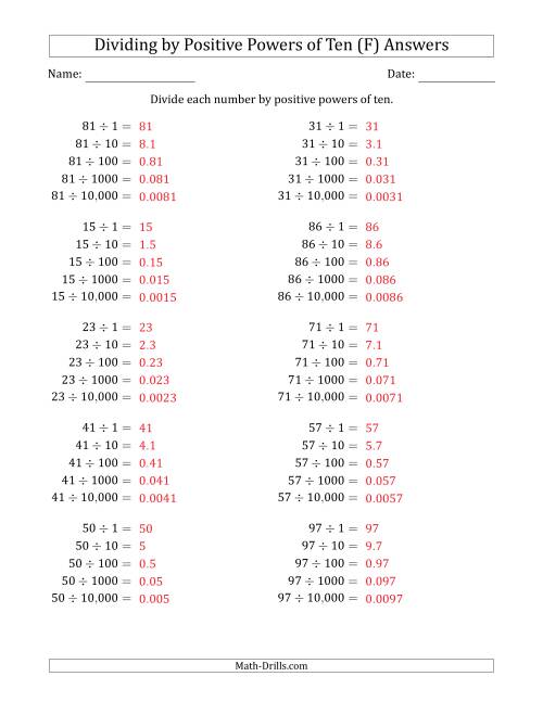 The Learning to Divide Numbers (Range 10 to 99) by Positive Powers of Ten in Standard Form (F) Math Worksheet Page 2