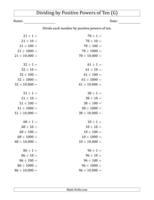 The Learning to Divide Numbers (Range 10 to 99) by Positive Powers of Ten in Standard Form (G) Math Worksheet