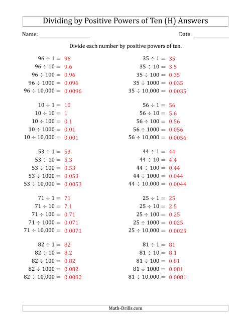 The Learning to Divide Numbers (Range 10 to 99) by Positive Powers of Ten in Standard Form (H) Math Worksheet Page 2
