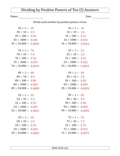 The Learning to Divide Numbers (Range 10 to 99) by Positive Powers of Ten in Standard Form (I) Math Worksheet Page 2