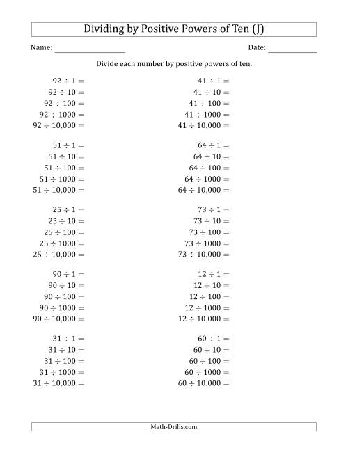 The Learning to Divide Numbers (Range 10 to 99) by Positive Powers of Ten in Standard Form (J) Math Worksheet