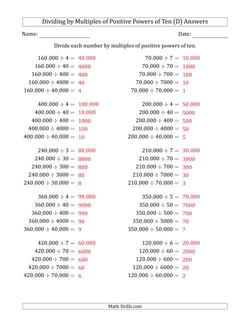 The Learning to Divide Numbers (Quotients Range 1 to 10) by Multiples of Positive Powers of Ten in Standard Form (Whole Number Answers) (D) Math Worksheet Page 2
