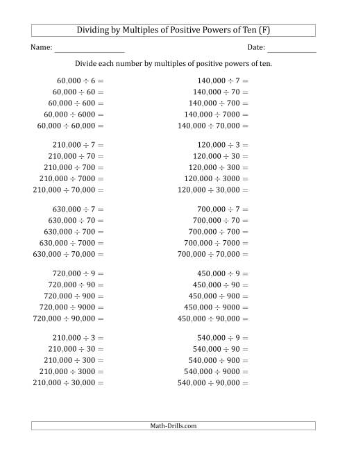 The Learning to Divide Numbers (Quotients Range 1 to 10) by Multiples of Positive Powers of Ten in Standard Form (Whole Number Answers) (F) Math Worksheet