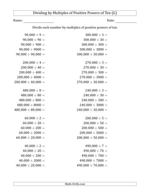 The Learning to Divide Numbers (Quotients Range 1 to 10) by Multiples of Positive Powers of Ten in Standard Form (Whole Number Answers) (G) Math Worksheet