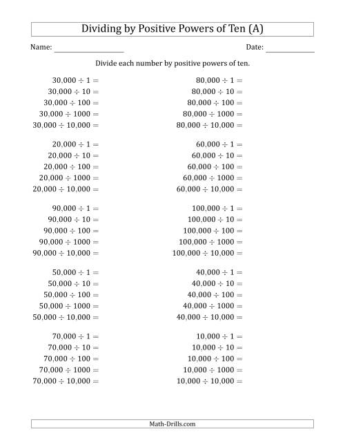 The Learning to Divide Numbers (Range 1 to 10) by Positive Powers of Ten in Standard Form (Whole Number Answers) (A) Math Worksheet