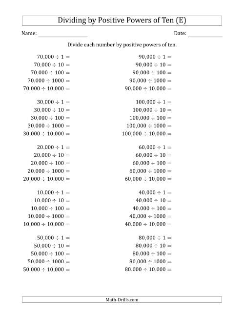 The Learning to Divide Numbers (Range 1 to 10) by Positive Powers of Ten in Standard Form (Whole Number Answers) (E) Math Worksheet