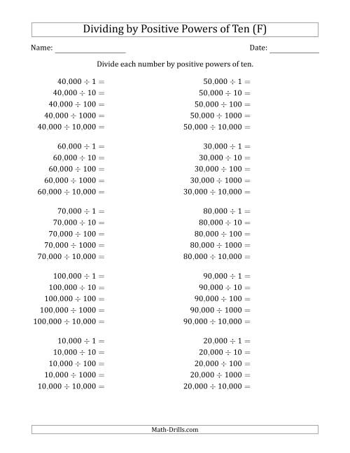 The Learning to Divide Numbers (Range 1 to 10) by Positive Powers of Ten in Standard Form (Whole Number Answers) (F) Math Worksheet
