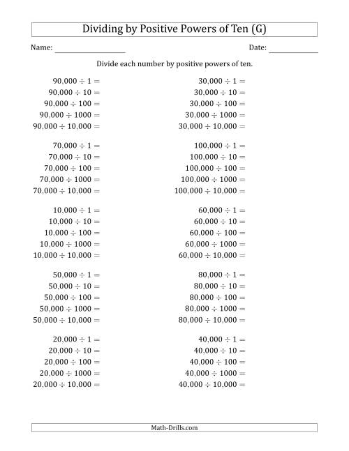 The Learning to Divide Numbers (Range 1 to 10) by Positive Powers of Ten in Standard Form (Whole Number Answers) (G) Math Worksheet