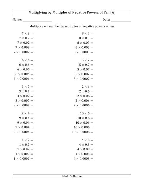 The Learning to Multiply Numbers (Range 1 to 10) by Multiples of Negative Powers of Ten in Standard Form (A) Math Worksheet