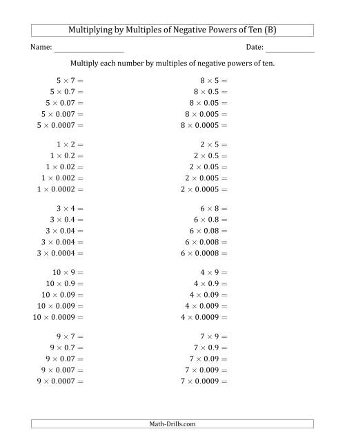 The Learning to Multiply Numbers (Range 1 to 10) by Multiples of Negative Powers of Ten in Standard Form (B) Math Worksheet