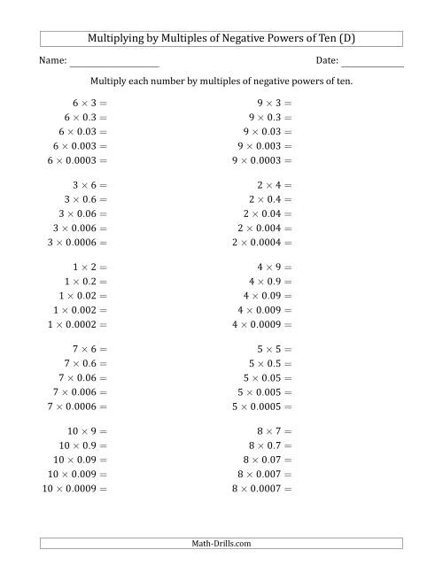 The Learning to Multiply Numbers (Range 1 to 10) by Multiples of Negative Powers of Ten in Standard Form (D) Math Worksheet