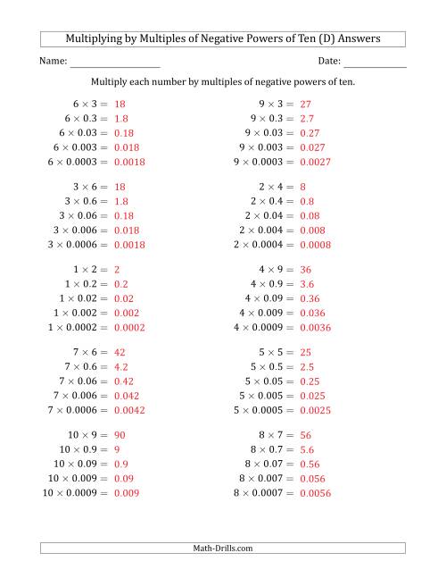 The Learning to Multiply Numbers (Range 1 to 10) by Multiples of Negative Powers of Ten in Standard Form (D) Math Worksheet Page 2