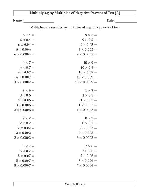 The Learning to Multiply Numbers (Range 1 to 10) by Multiples of Negative Powers of Ten in Standard Form (E) Math Worksheet