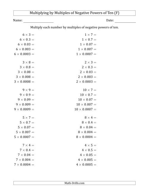 The Learning to Multiply Numbers (Range 1 to 10) by Multiples of Negative Powers of Ten in Standard Form (F) Math Worksheet