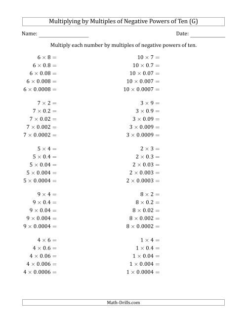 The Learning to Multiply Numbers (Range 1 to 10) by Multiples of Negative Powers of Ten in Standard Form (G) Math Worksheet