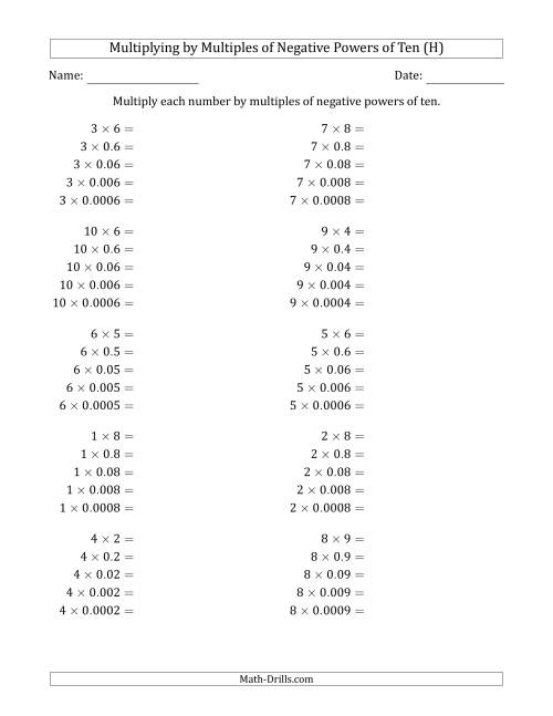 The Learning to Multiply Numbers (Range 1 to 10) by Multiples of Negative Powers of Ten in Standard Form (H) Math Worksheet