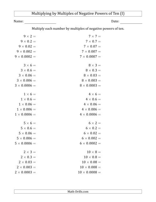 The Learning to Multiply Numbers (Range 1 to 10) by Multiples of Negative Powers of Ten in Standard Form (I) Math Worksheet