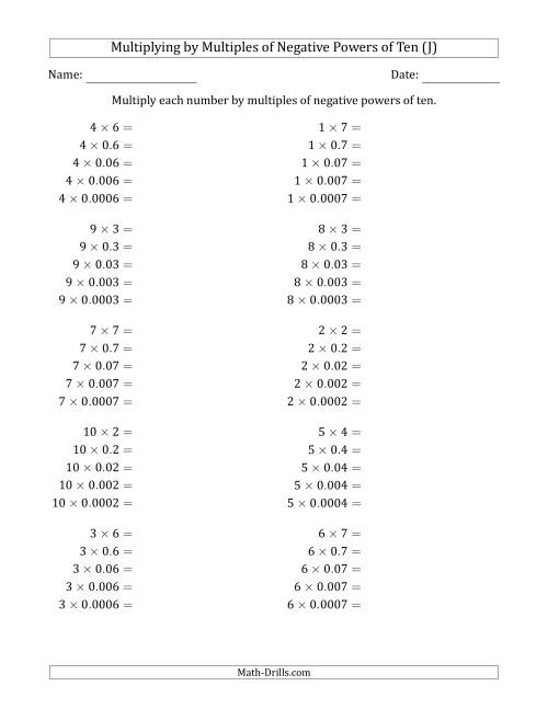 The Learning to Multiply Numbers (Range 1 to 10) by Multiples of Negative Powers of Ten in Standard Form (J) Math Worksheet