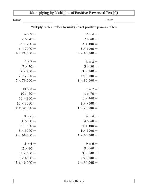 The Learning to Multiply Numbers (Range 1 to 10) by Multiples of Positive Powers of Ten in Standard Form (C) Math Worksheet