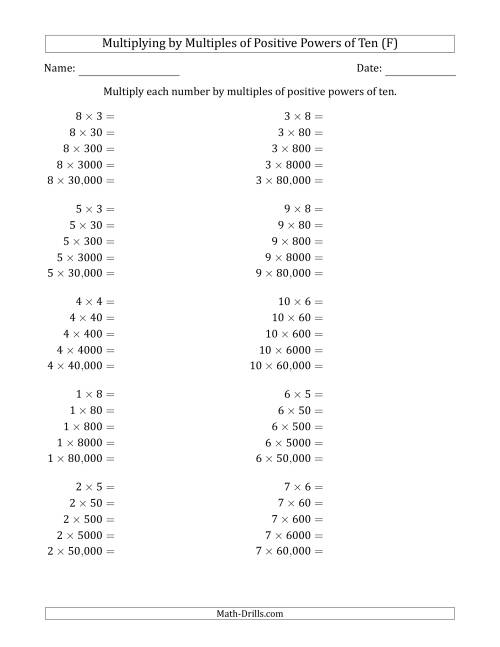 The Learning to Multiply Numbers (Range 1 to 10) by Multiples of Positive Powers of Ten in Standard Form (F) Math Worksheet