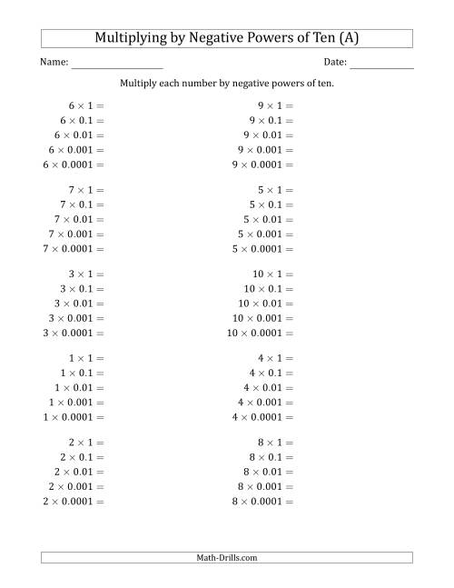 The Learning to Multiply Numbers (Range 1 to 10) by Negative Powers of Ten in Standard Form (A) Math Worksheet