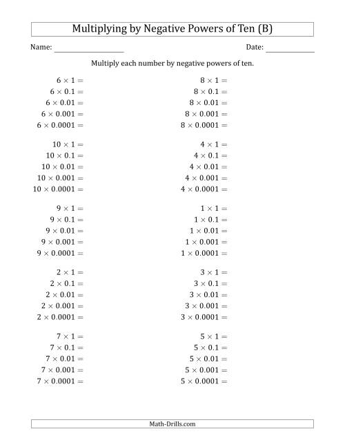 The Learning to Multiply Numbers (Range 1 to 10) by Negative Powers of Ten in Standard Form (B) Math Worksheet