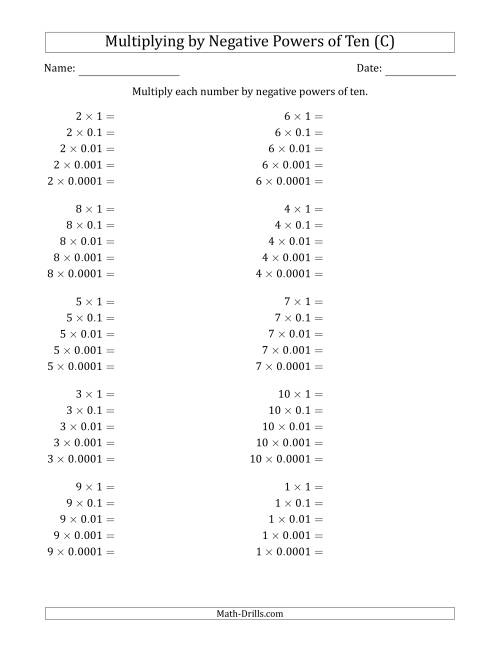 The Learning to Multiply Numbers (Range 1 to 10) by Negative Powers of Ten in Standard Form (C) Math Worksheet