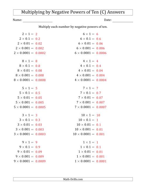 The Learning to Multiply Numbers (Range 1 to 10) by Negative Powers of Ten in Standard Form (C) Math Worksheet Page 2