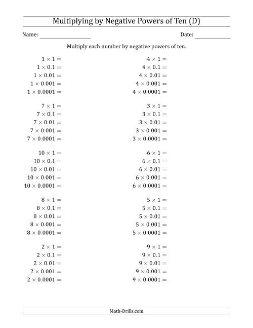 The Learning to Multiply Numbers (Range 1 to 10) by Negative Powers of Ten in Standard Form (D) Math Worksheet