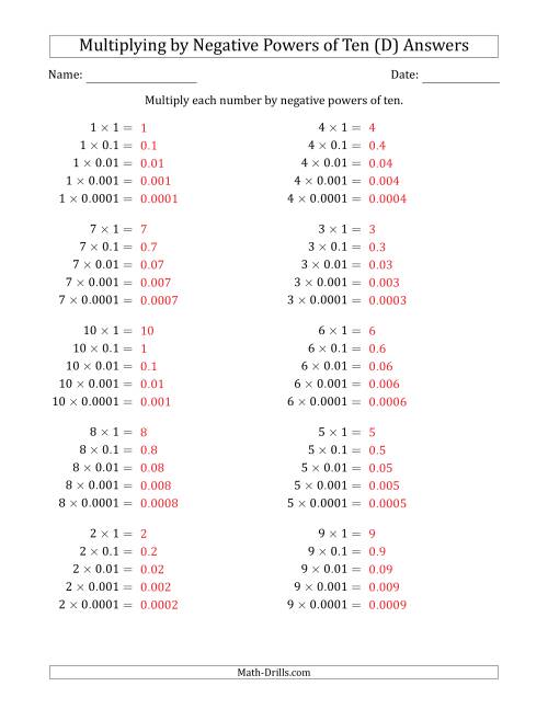 The Learning to Multiply Numbers (Range 1 to 10) by Negative Powers of Ten in Standard Form (D) Math Worksheet Page 2